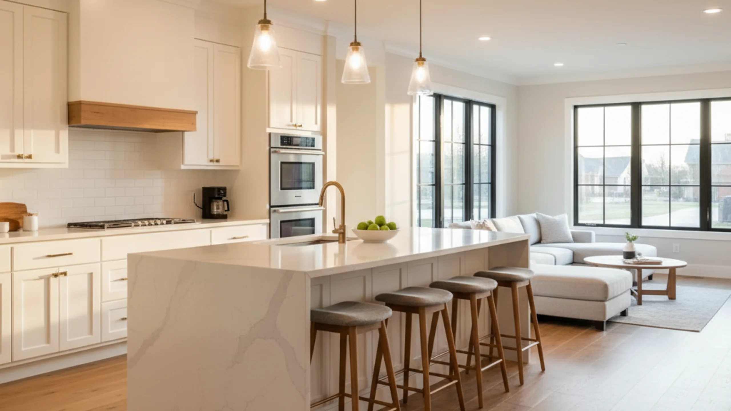 Contemporary kitchen with white shaker cabinets, marble countertops and large center island in Denver home